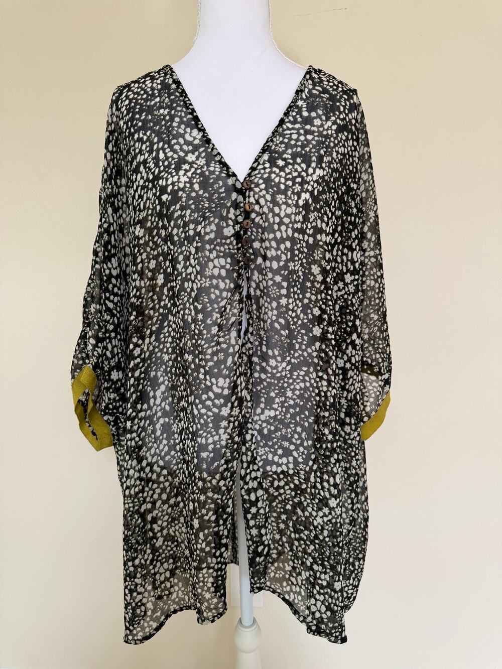 Intimately Free People Sheer Kimono Cardigan Large Black White Swim Cover Up